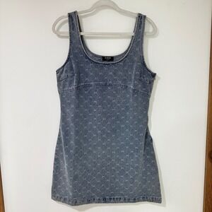 The Workshop Denim Bow Print Mini Dress Womens Large Blue Acid Wash | Coquette
